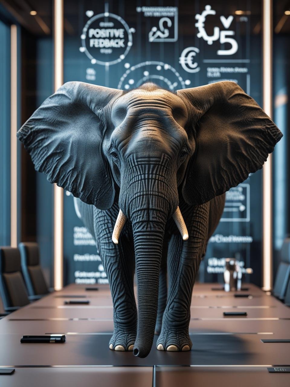 1._Elefant im Konferenzraum (fotorealistisch)__•_Ein realistischer Elefant steht mitten in einem modernen Meetingraum. Auf der Glaswand im Hintergrund_ Diagramme, Feedback-Zitate, €-Symbole.__•_Stil_ Realistisch, leicht dramatisch, Bu